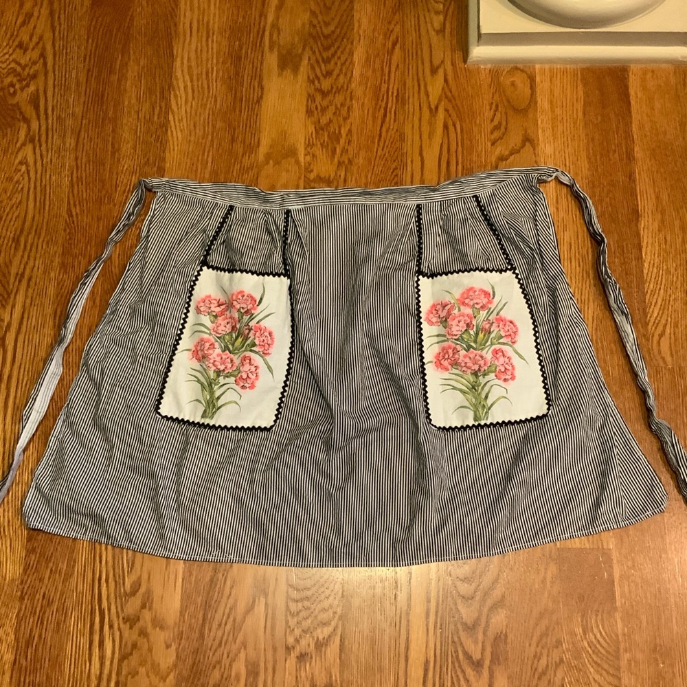 Vintage Apron Stripe Floral Black White Print Pockets 19 Long #DX